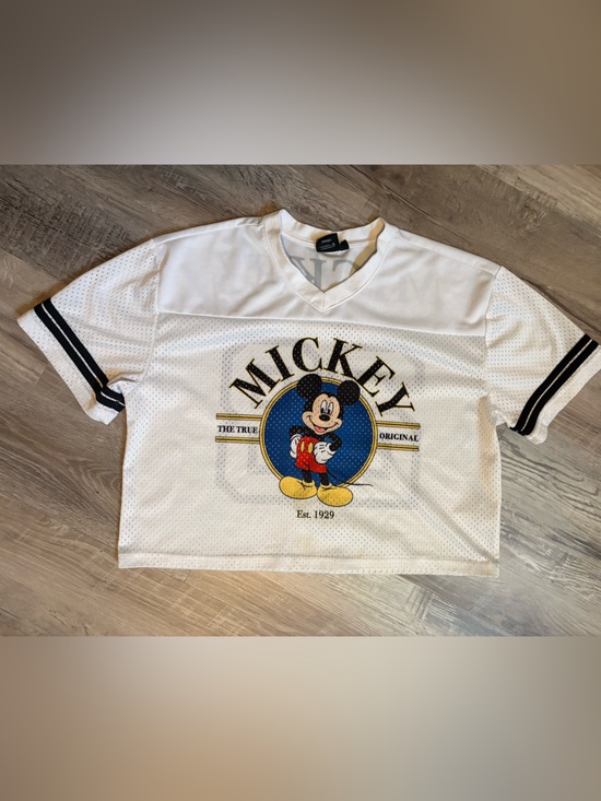 Disney Tops - Disney Mickey Mouse Mesh Football Jersey Women’s White Crop Top Size S EUC
